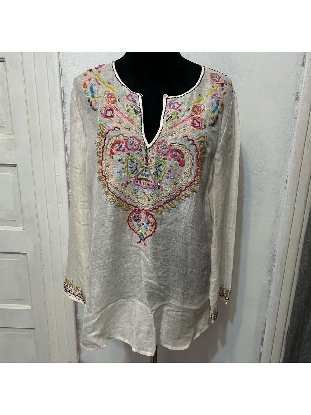 ITSU Silk Linen Tunic Women’s 14 Beaded Floral Boho V Neck Sheer Beachwear